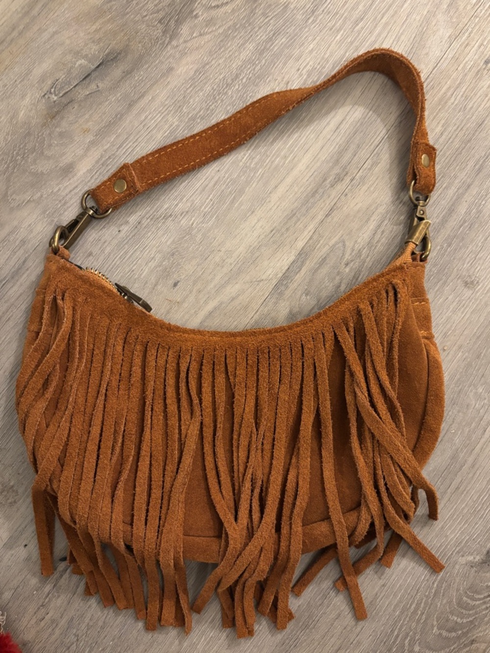 Suede Fringe Shoulder Bag in Cognac